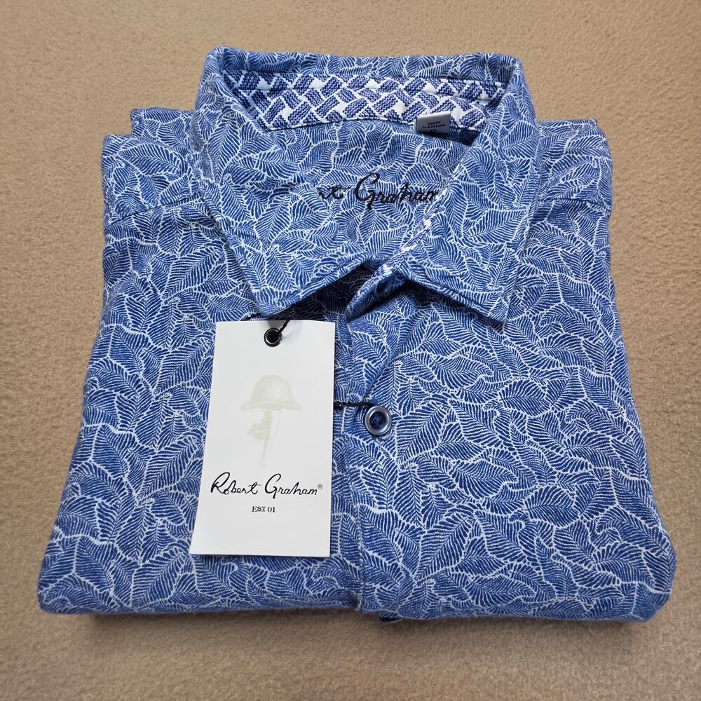 Robert Graham NWT Vinaco Linen Blend Button Shirt Blue White Classic Fit Sz Lrg